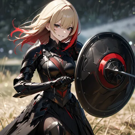 a woman in her 20s, wearing heavy black armor, black metal bracelet, black metal boots, with red details on the armor, short sho...