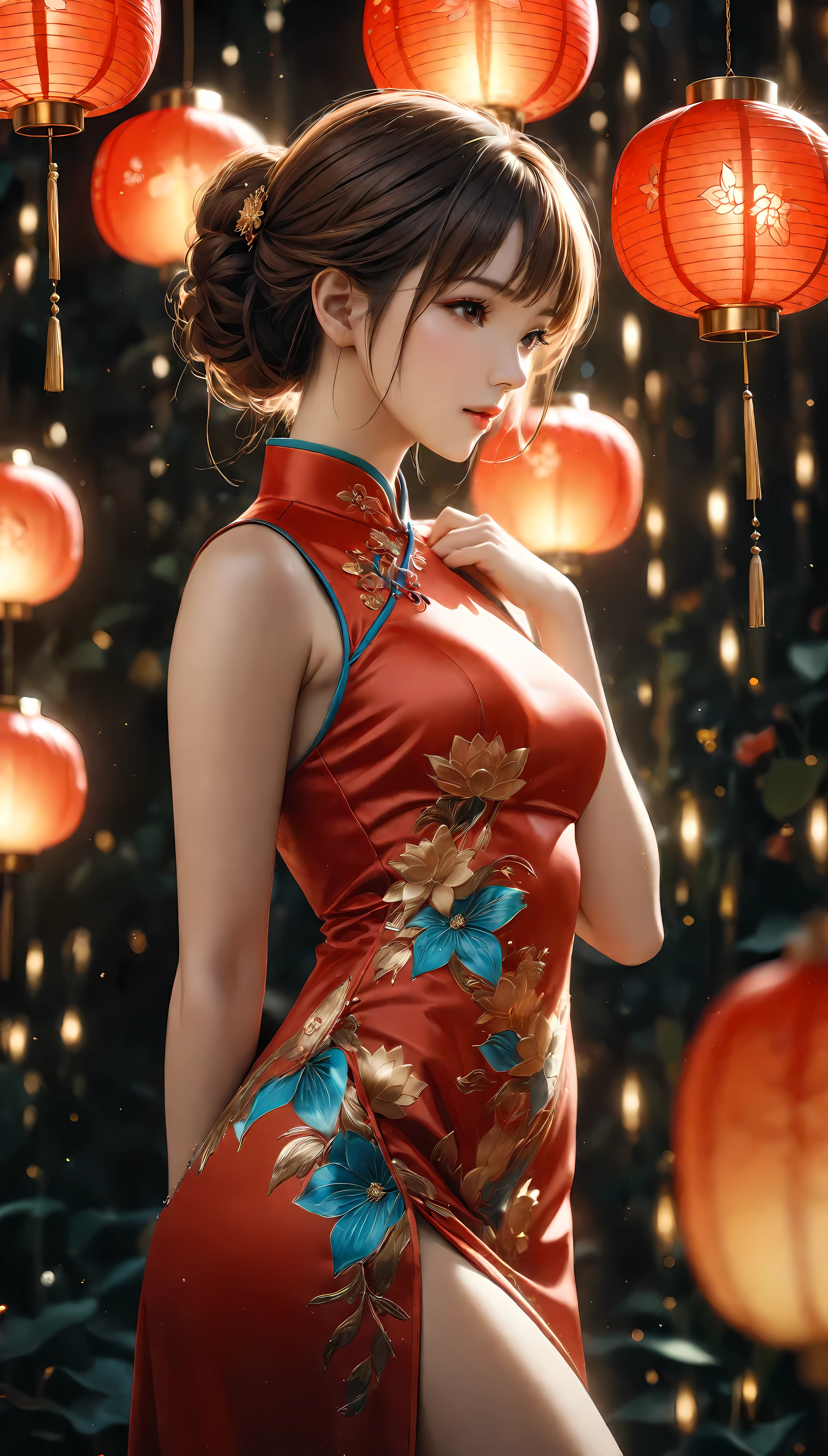 ((Masterpiece in maximum 16K resolution):1.6),((soft_color_photograpy:)1.5), ((Ultra-Detailed):1.4),((Movie-like still images and dynamic angles):1.3). | (cinematic photo of Supermodel beauty with a Cheongsam), (Brunette Supermodel Beauty), (focus on the Cheongsam), (cinematic lens), (exotic lotus garden), (red lantern), (luminous object), (Festive atmosphere), (shimmer), (aesthetic Festival accesories), (visual experience),(Realism), (Realistic),award-winning graphics, dark shot, film grain, extremely detailed, Digital Art, rtx, Unreal Engine, scene concept anti glare effect, All captured with sharp focus. | Rendered in ultra-high definition with UHD and retina quality, this masterpiece ensures anatomical correctness and textured skin with super detail. With a focus on high quality and accuracy, this award-winning portrayal captures every nuance in stunning 16k resolution, immersing viewers in its lifelike depiction. | ((perfect_composition, perfect_design, perfect_layout, perfect_detail, ultra_detailed)), ((enhance_all, fix_everything)), More Detail, Enhance.
