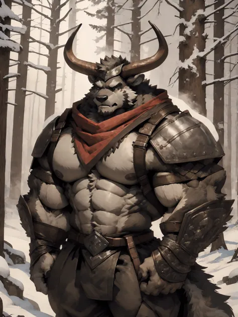 minotaur, solo, muscular, perfect_eyes, perfect_face, abs, big_chest,wide_body, muscular_arms, winter, snow_forest_background, s...