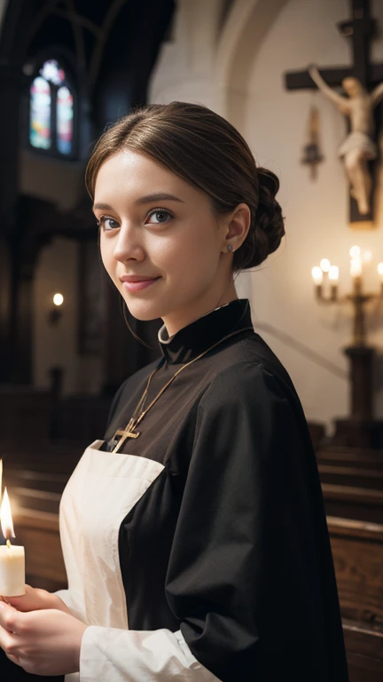 Front view, full body, standing, looking at viewer,  1 female is Denmark girl, White girl ,Age: 20 age-old,  blond hair,  hair bun, detailed blue eye, little smile,   Catholic,  Black wear, Black  Sister－Dressed , black veal , wood cross is hanging from his chest, holding a candle in hand, in Church, Global illumination, back lit lighting, full bloom, ((Cold light)), Sharp focus, photograph realistic, Detailed skin, background out of focus, Cinematic composition , Ultra-detailed, Realistic , Hyper-realistic , volumetric lighting, 8K, trending on attestation