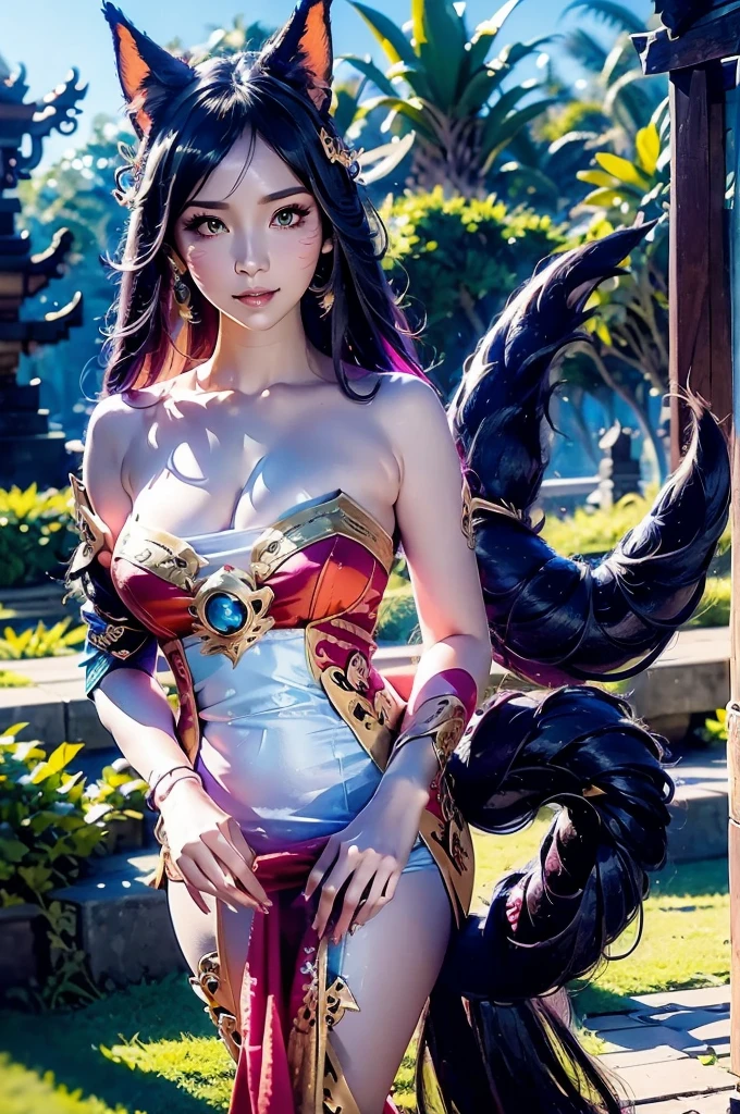 Meisterwerk, Konzeptkunst, Nahaufnahme, ahri \(League of Legends\), (Neunschwänziger Fuchs), Kebaya_Bali Blau, Niedlich, Stehen, (Porträt), Bali Tempel Hintergrund, epische Komposition, epischer Anteil, HD