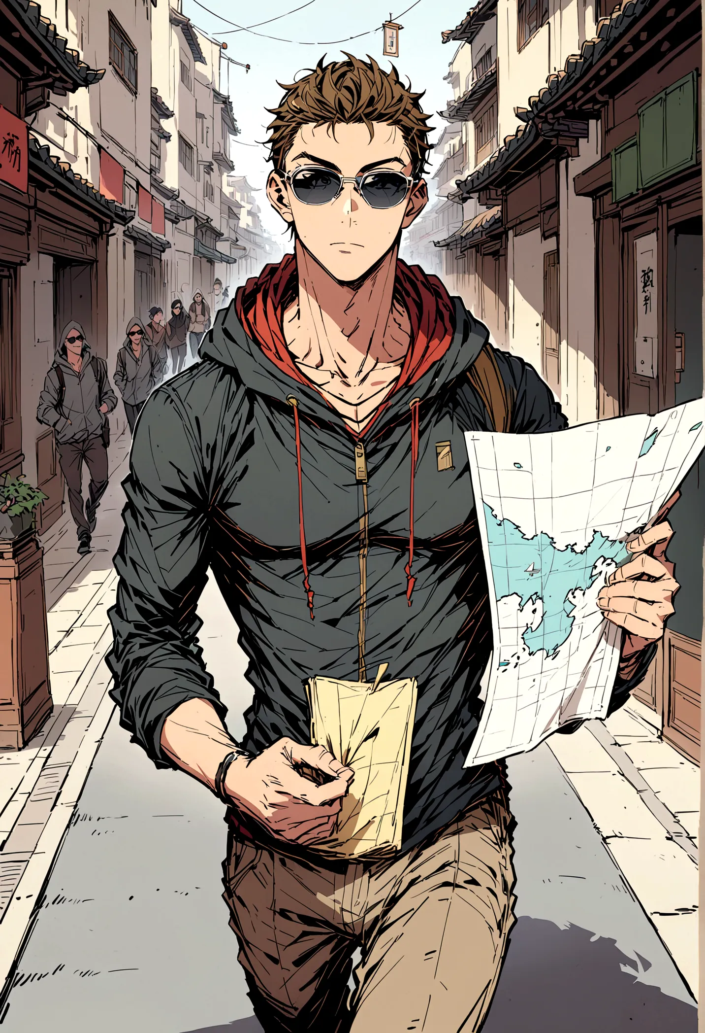 cristiano ronaldo, 39 years old, wearing sunglasses and a hood, walking on the streets of china with a map.