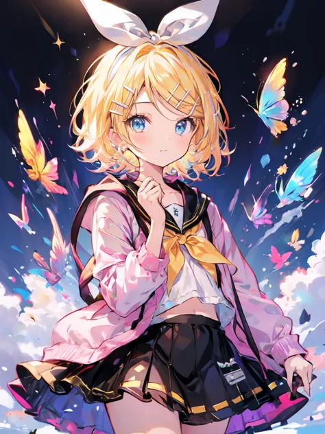 kagamine rin，short hair、she has a white ribbon on her head、sweets dream, a colorful world, cute, pastel, like,  enjoy, highest q...