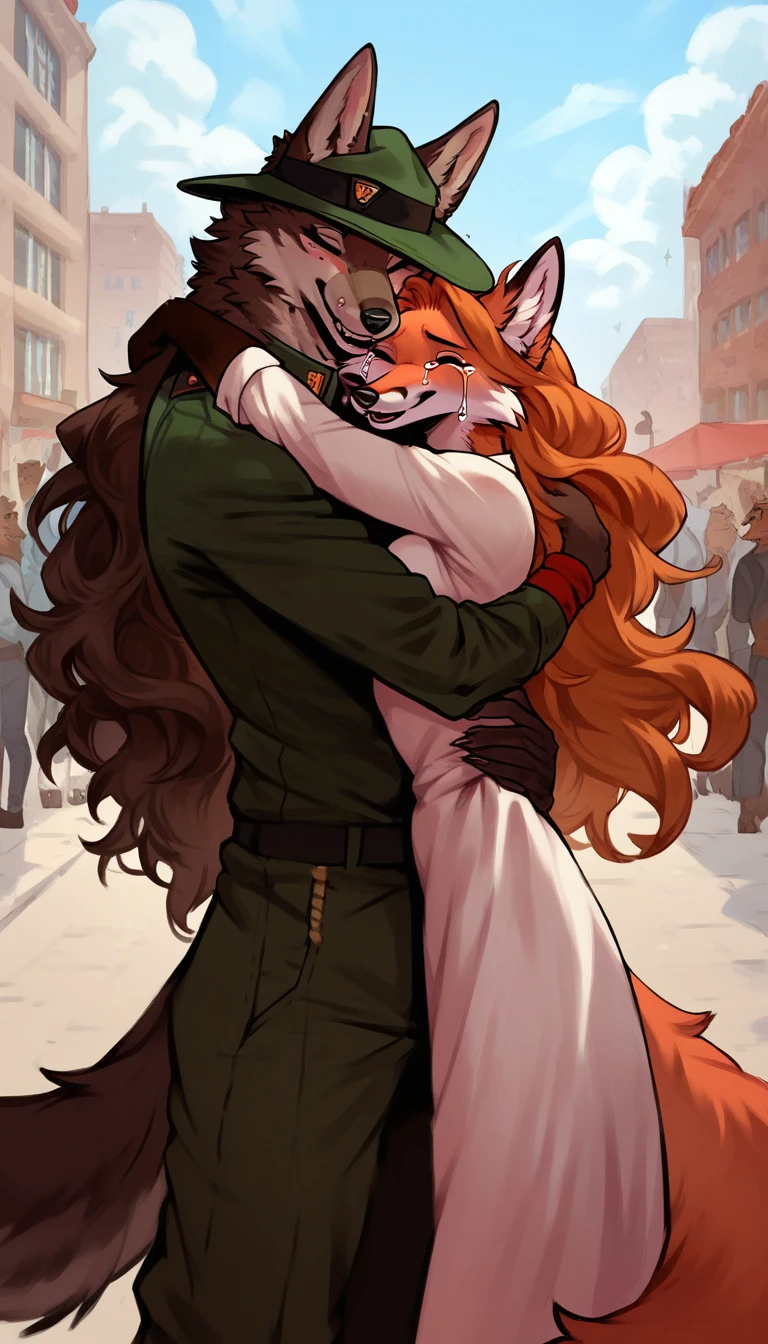 score_9, score_8_up, score_7_up, city, town park square, daytime, crowd on background, sunny, happy, joyful, love, reunion, face to face, (kissing:0.5)

((fox:1.2), anthro, female, dark brown fur, long flowing hair, beautiful, wearing a dress, crying tears of joy, hugging, being lifted)

((wolf:1.2), anthro, male, transparent ghost fur, (scars, wounds), (wearing atransparent ghost military uniform, transparent ghost pants and transparent ghost hat), strong, lifting, loving expression)