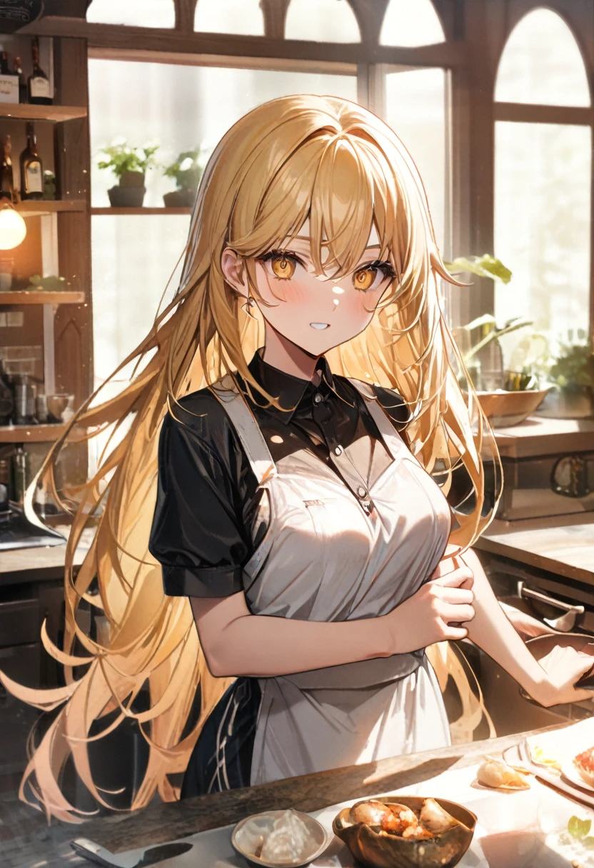 ((Highest quality)),masterpiece, One adult woman,  (Very large,Big Breasts), solo, Long Hair, Blonde,((Yellow Eyes,Cross light in the eye)),tall, Naked with an apron,smile,Trance,Hands on hips,kitchen,