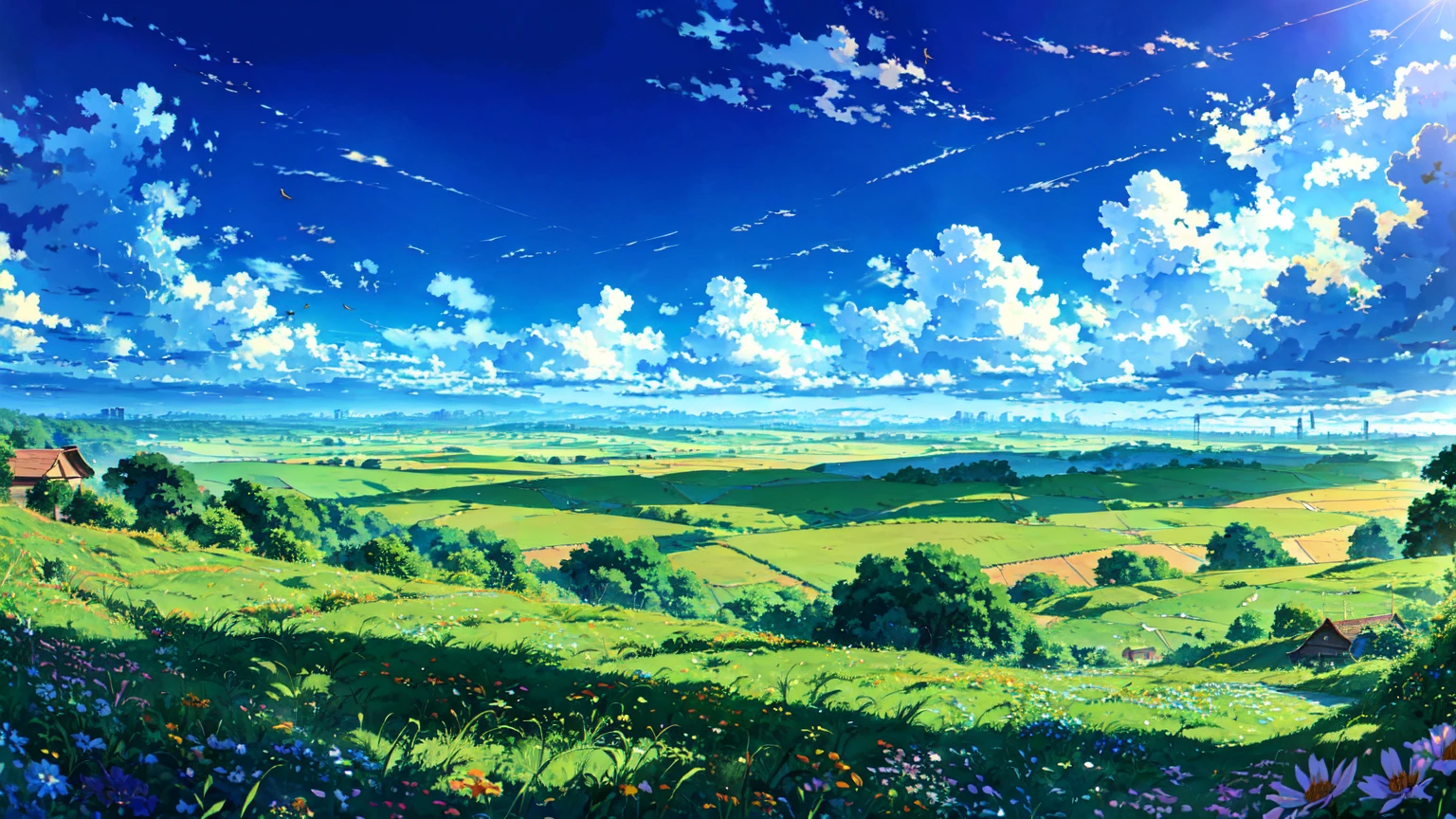 Children flying kites in the blue sky, Detailed Clouds, Field, Grazing cows, Flowers, A house far away, fence