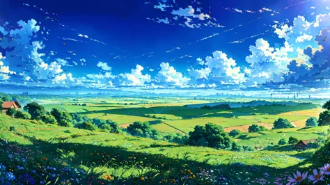 Children flying kites in the blue sky, Detailed Clouds, Field, Grazing cows, Flowers, A house far away, fence