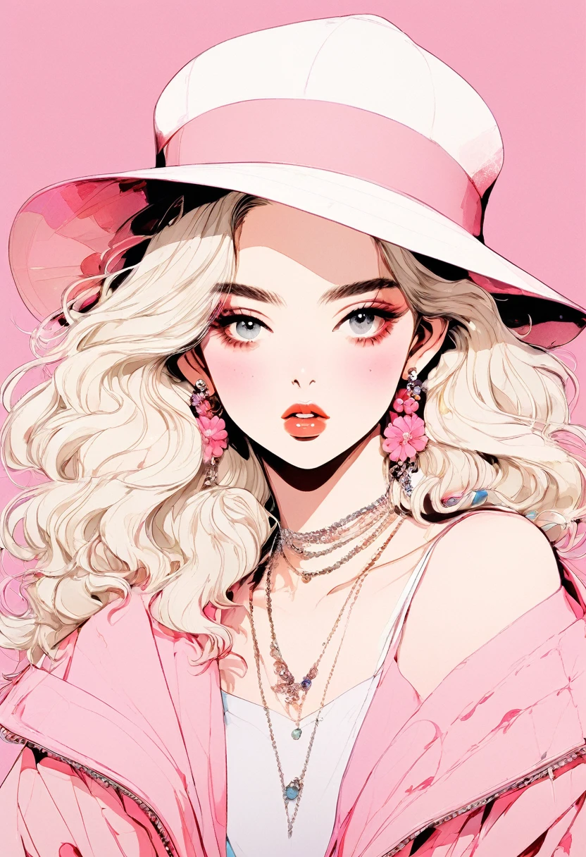 (Highest quality:0.8), (Highest quality:0.8), Perfect illustration,Beautiful woman portrait、One girl, bangs, Black nails, Blonde, Mouth closed, clavicle, ear Earrings, Earrings, Fashion G, hair ornaments, Food, Foodie, Jacket, jewelry, looking at iniewer, Medium Hair, Manicure, necklace, Earrings, short hair, Peony stalk, sleeines past wrists, 一人in, Both sides up, Upper Body, in, Pop Background、Droopy eyes、Celebrity Hat、ぱっつんbangs、summer、Pink gradient background、Hydrangea pattern、紫陽花Earrings、