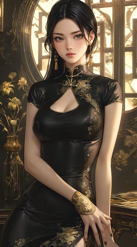 best illustration by artgerm and gerald brom, beautiful woman, perfect body proportions, slender with generous curves, black che...