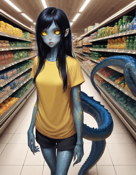 blue reptilian girl , near a (walking through a supermarket :1.2), long black hair, yellow eyes, narrow long mouth ,  (oversized...