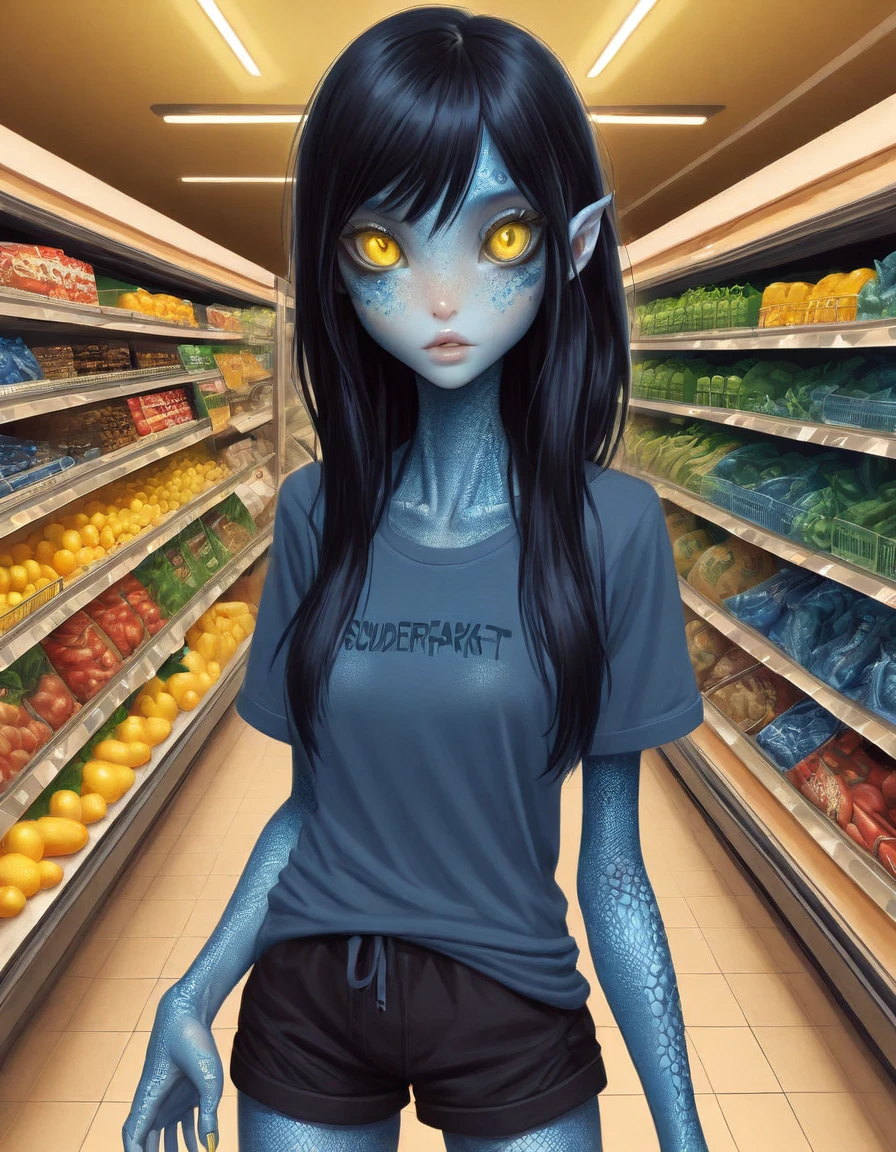 blue reptilian girl , near a (walking through a supermarket :1.2), long black hair, yellow eyes, narrow long mouth ,  (oversized black t-shirt, shorts:1.1) , leggings, , body freckles,scales, intricate detail