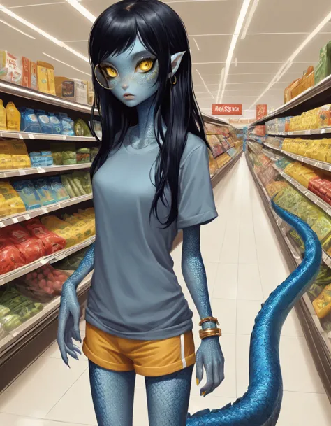 blue reptilian girl , near a (walking through a supermarket :1.2), long black hair, yellow eyes, narrow long mouth ,  (oversized...