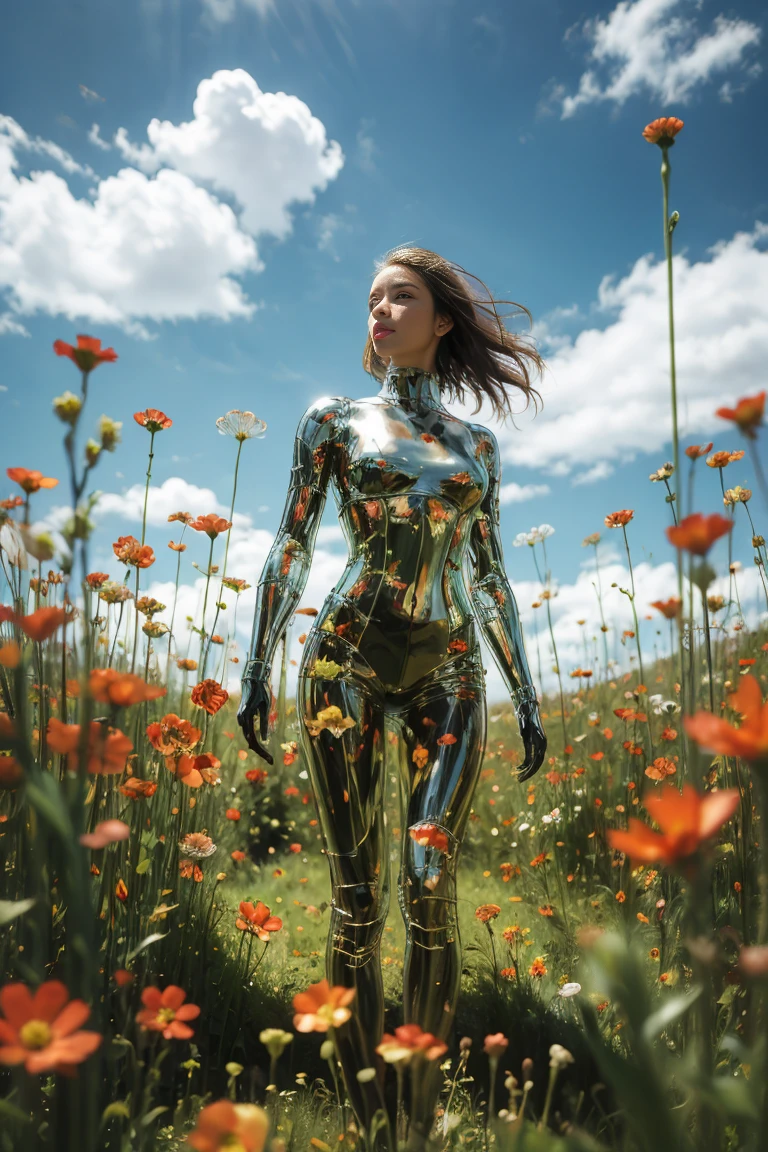 wallpaper，32k，uhd, high details, best quality, highres, masterpiece，1 girl, Looking at the audience, full body,Practical, Long hair, Long hair blown by wind, run，Solitary, Flowers, Sky, Sky, outdoor, short hair, brown Long hair, Science fiction, Vague, Grass, realism, cloud, blue Sky, Chest, Lips, transparent, transparent, transparent,