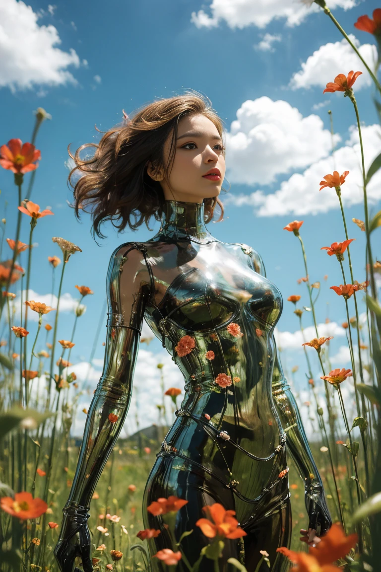 wallpaper，32k，uhd, high details, best quality, highres, masterpiece，1 girl, Looking at the audience, full body,Practical, Long hair, Long hair blown by wind, Bend over and rest，Solitary, Flowers, Sky, Sky, outdoor, short hair, brown Long hair, Science fiction, Vague, Grass, realism, cloud, blue Sky, Chest, Lips, transparent, transparent, transparent,