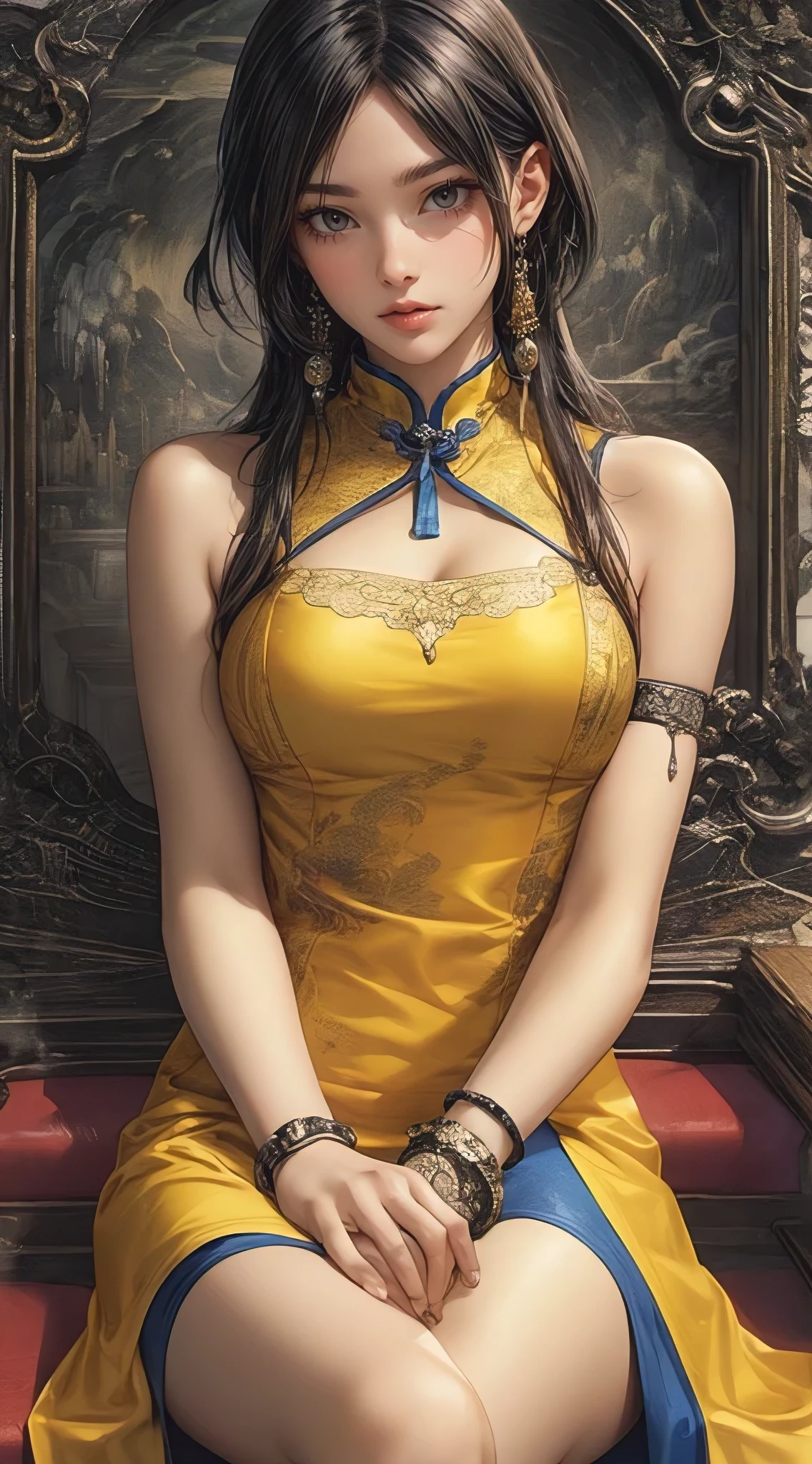 best illustration by artgerm and gerald brom, beautiful woman, perfect body proportions, slender with generous curves, yellow cheongsam with blue accents, luxury chinese restaurant, highly detailed, high definition