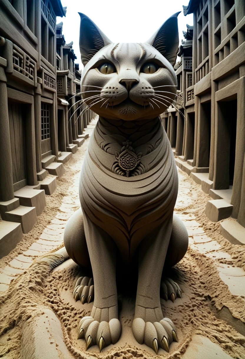 Sand sculpture style, The nine-life cat demon moves lightly through the ancient alleys，Every tail hides a secret，Tenacious vitality，Beyond the Boundaries of Death，Strong sense of déjà vu。