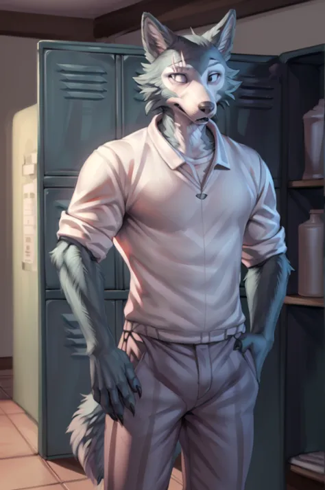 (by personalami, by hioshiru, by zackary911, by by null-ghost), male, wolf, solo, legoshi (beastars), locker room, standing, clo...