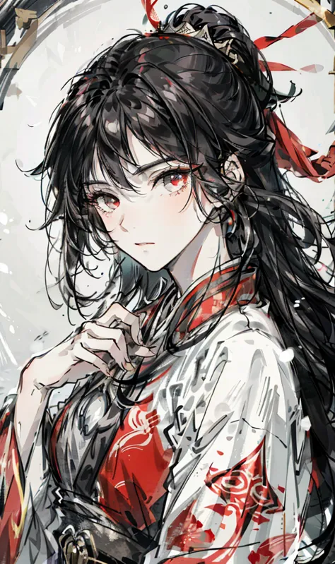 mature girl, black hair, floating hair, delicate eyes, red pupils, heroine, black and red antique damask hanfu, fov, f1.8, maste...