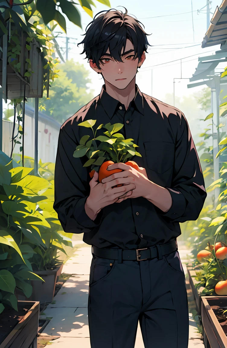 Highest quality, 8K, Kpop Boy, a male with a bow tie, black hair with white trim, holding a carrot in his hand, pretending to share his thoughts with him, short hair, yellow left eye, red sclera, in a vegetable garden, shirt, black pants. gentle face There&#39;s a rabbit on it. 