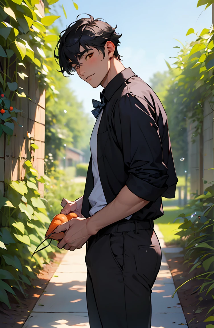 Highest quality, 8K, Kpop Boy, a male with a bow tie, black hair with white trim, holding a carrot in his hand, pretending to share his thoughts with him, short hair, yellow left eye, red sclera, in a vegetable garden, shirt, black pants. gentle face There&#39;s a rabbit on it. 