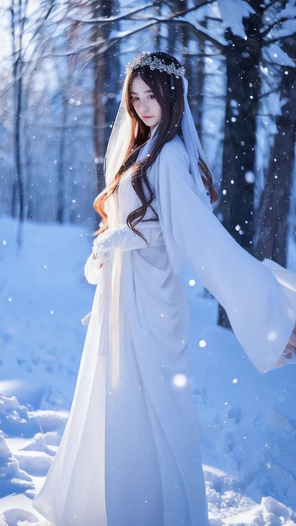 长发女孩 and white dress walking in snow, 长发女孩, 雪女的锐利目光, 美丽的动漫风格, 美丽的女人, 女性角色,  飘逸的长发和长袍, 美丽的幻想、飘逸的白色长袍, 