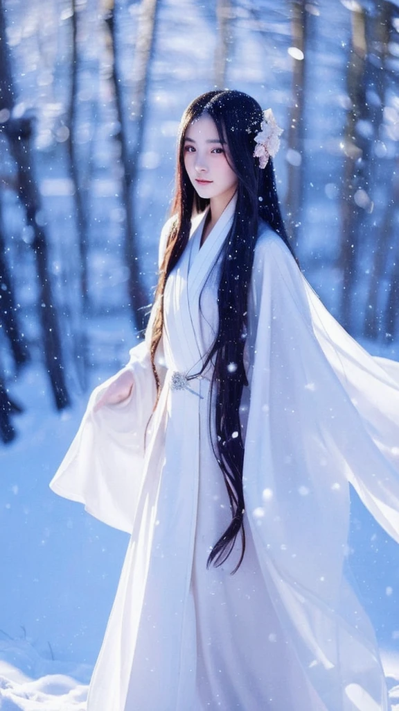 长发女孩 and white dress walking in snow, 长发女孩, 雪女的锐利目光, 美丽的动漫风格, 美丽的女人, 女性角色,  飘逸的长发和长袍, 美丽的幻想、飘逸的白色长袍, 