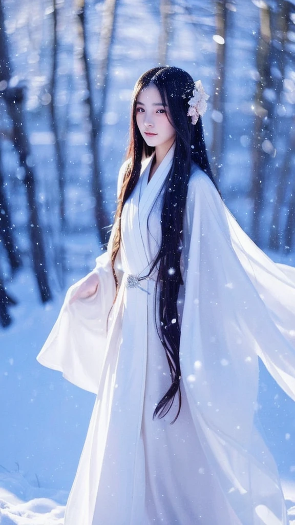 長髮女孩 and white dress walking in snow, 長髮女孩, 雪女銳利的目光, 美麗的動漫風格, 美麗的女人, 女性角色,  飄逸的頭髮和長袍, 美麗的幻想、飄逸的白袍, 