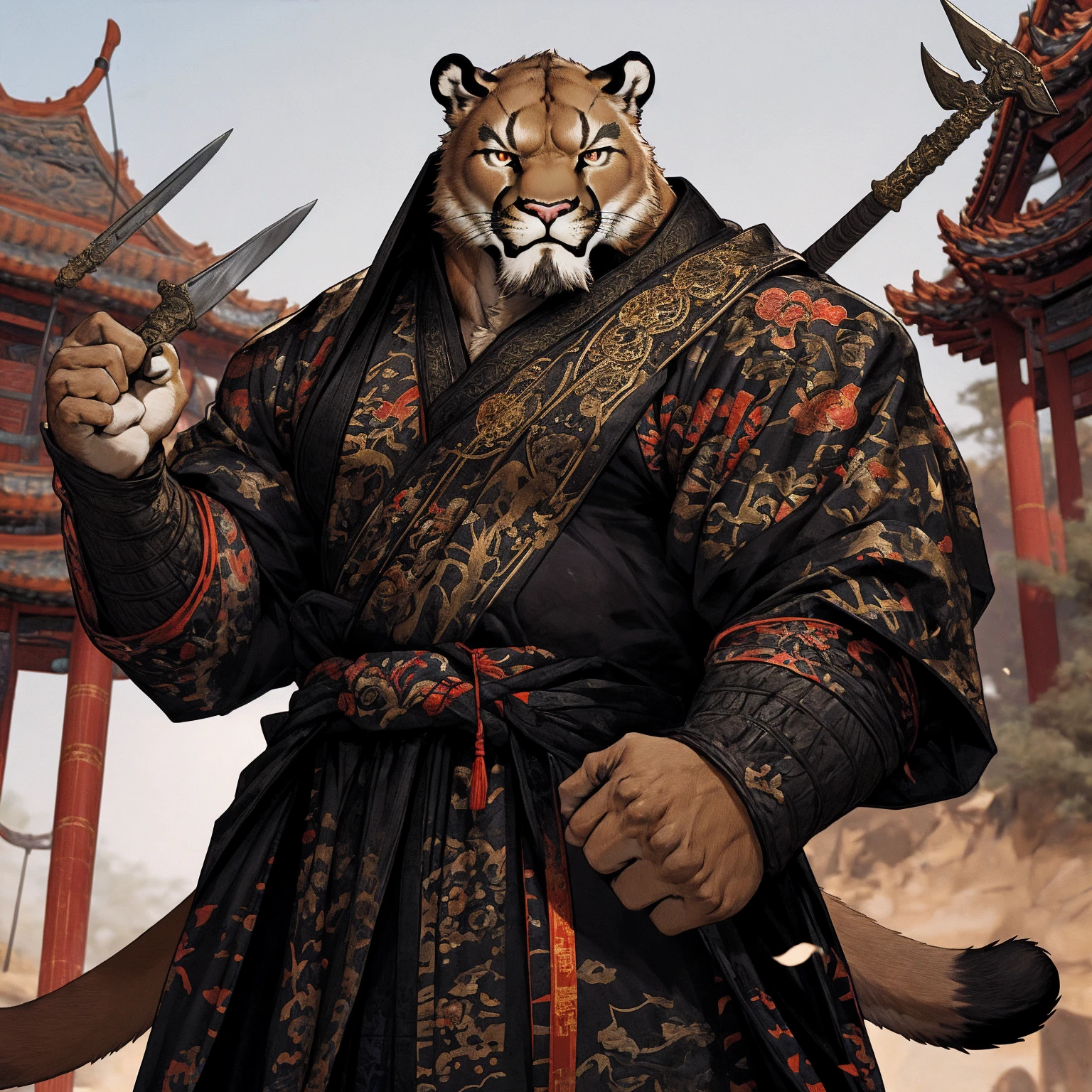 (puma),(Robe de combat noire),tenant une lance,Geste puissant,Tenez-vous debout avec confiance et fierté,Général de style chinois tenant une épée regardant au loin Longcheng barbe au visage sérieux d&#39;âge moyen,fort,muscle,(haute résolution:1.3)