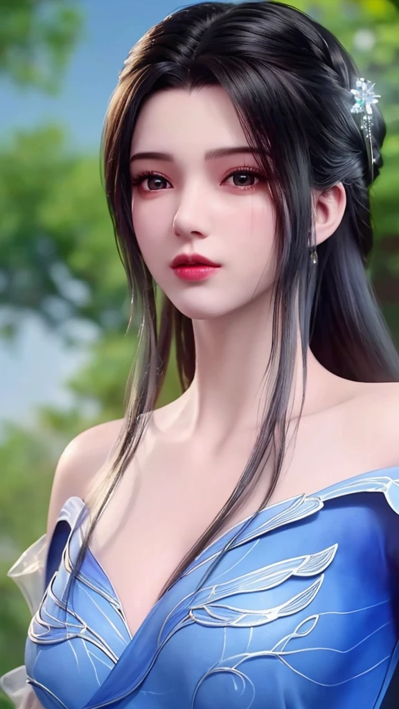 (8k, RAW photo, best quality, masterpiece:1.2),(realistic, photo-realistic:1.4), ultra-detailed, extremely detailed cg 8k wallpaper,(crystalstexture skin:1.2), (extremely delicate and beautiful),
1girl,solo, realistic,black hair,long hair,bare shoulders,blue dress,large breasts,cleavage, looking at viewer, outdoors,
leaning forward,