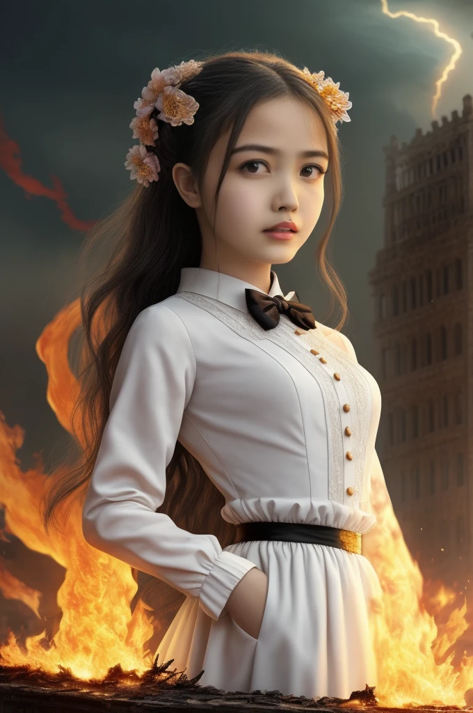 masterpiece,best quality, illustration,{beautiful detailed girl},beautiful detailed glow,(flames of war:1.2),(nuclear explosion behide:1.3),rain,detailed lighting,detailed water,(beautiful detailed eyes:1.1),expressionless,palace,azure hair,disheveled hair,long bangs,hairs between eyes,(whitegrey dress:1.1),black ribbon,white bowties,midriff,big forhead,blank stare,flower,long sleeves