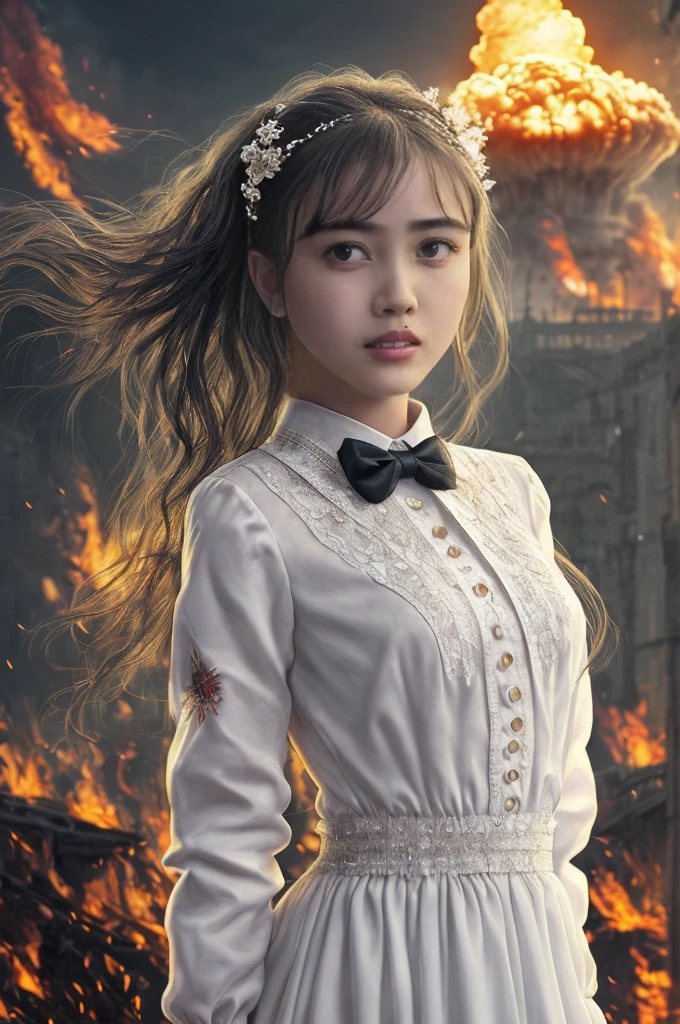 masterpiece,best quality, illustration,{beautiful detailed girl},beautiful detailed glow,(flames of war:1.2),(nuclear explosion behide:1.3),rain,detailed lighting,detailed water,(beautiful detailed eyes:1.1),expressionless,palace,azure hair,disheveled hair,long bangs,hairs between eyes,(whitegrey dress:1.1),black ribbon,white bowties,midriff,big forhead,blank stare,flower,long sleeves