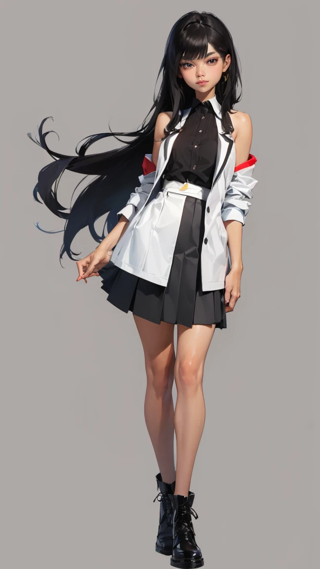 ((best quality,4K,high resolution,masterpiece:1.2)),((Character Concept Art)), 1 female, Adolescent females, 1 Asian beauty queen, ((Long shoulder-length black hair)), Black Hair, (Fair skin tone), Extremely fine eyes (black eye color), Innocent, beautiful, , slim body, ((Intricate details)), Very delicate hands, Extremely fine fingers(((Ten fingers))), (Wearing a grey school skirt and white short-sleeved school shirt and school jacket), (casually standing), (Full body display), (revealing the whole body), (No logos on background), (No logo), ((Solid color background)), ((Solid color background)), (((Empty background)))