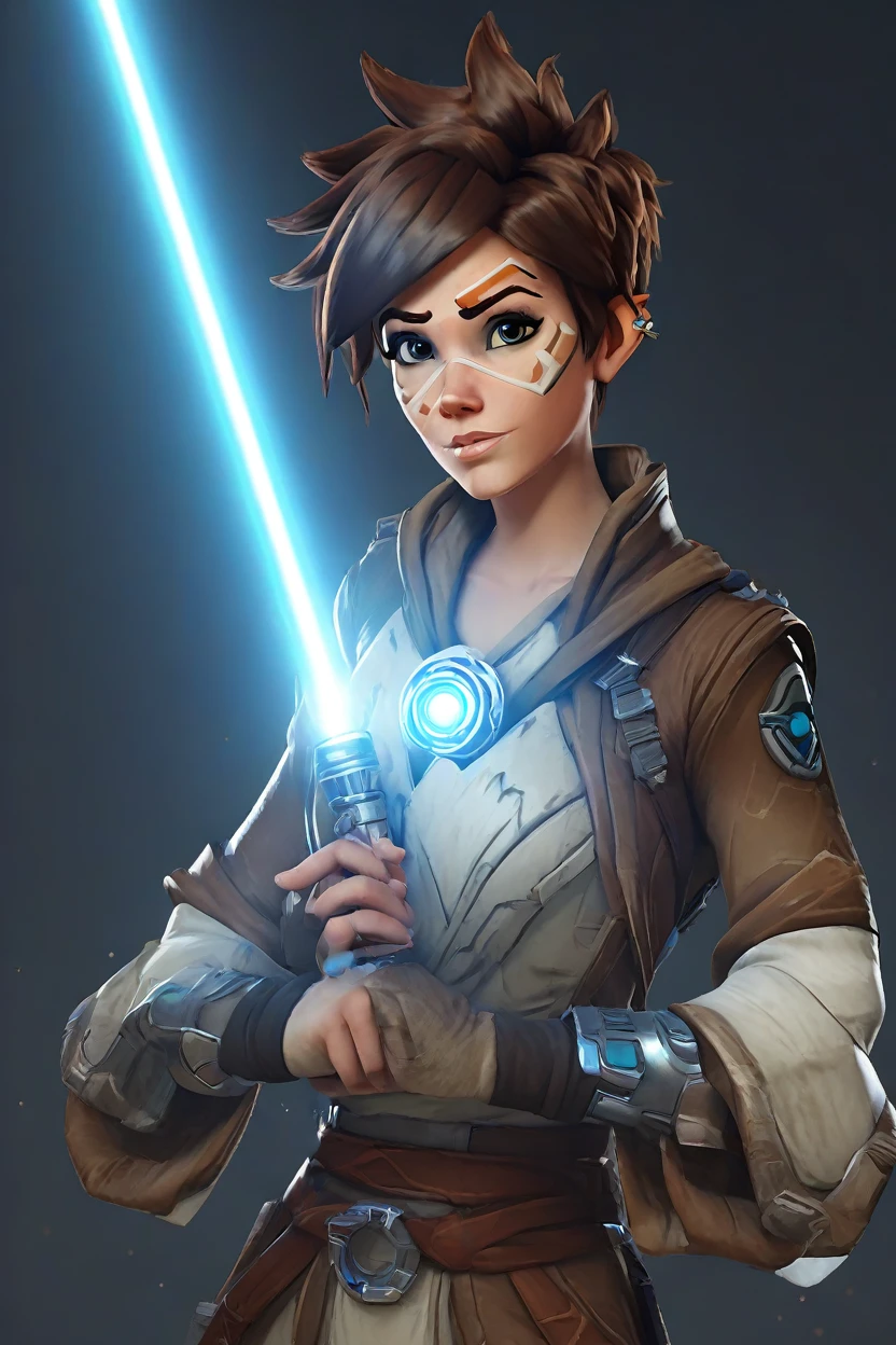 PETracerOW,portrait of tracer,freckles,outfit,
wearing jedi clothes,robe,holding  a light saber