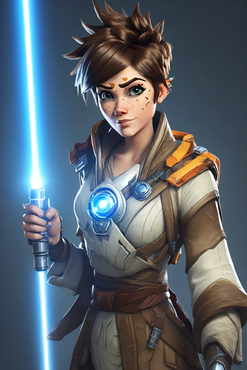 PETracerOW,portrait of tracer,freckles,outfit,
wearing jedi clothes,robe,holding  a light saber