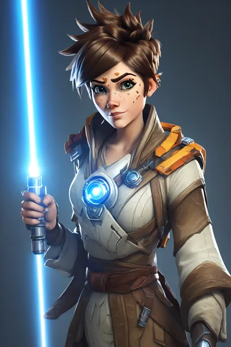 petracerow,portrait of tracer,freckles,outfit,
wearing jedi clothes,robe,holding  a light saber