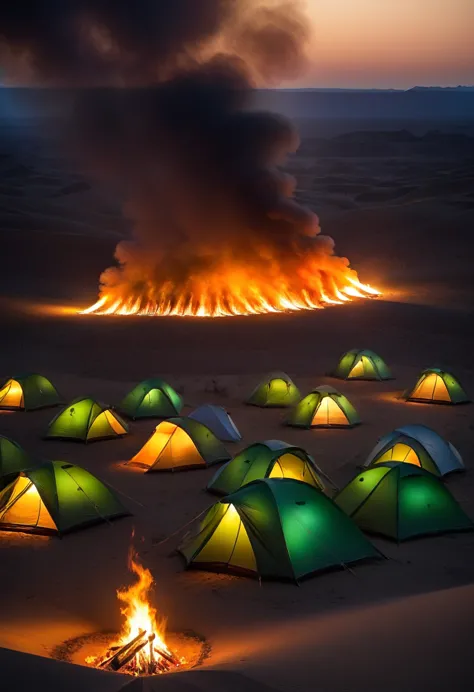 Green tent among burning tents, desert, night