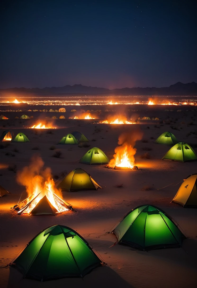 Green tent among burning tents, desert, night