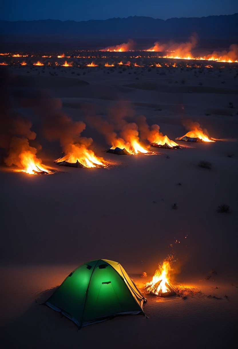 Green tent among burning tents, desert, night