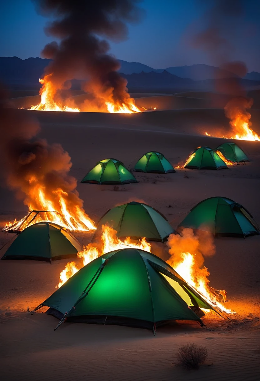 Green tent among burning tents, desert, night