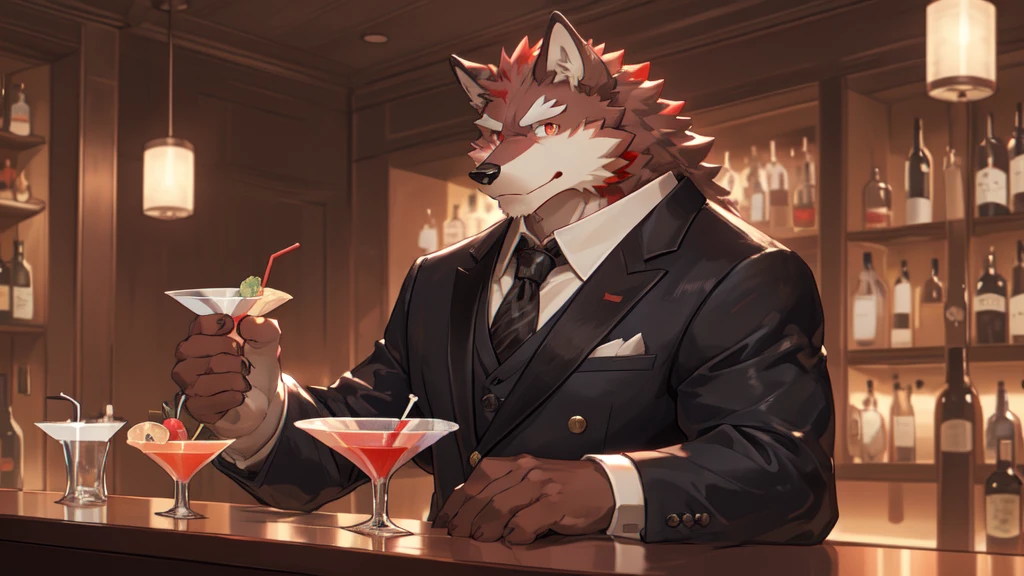 Best quality, diederich olsen (/knights college/), wolf, kemono, nj5furry, Red Fur, Red eyes, Medium Muscular Body, Solo, A charming bartender, elegant Pose, suit, Fierce eyes, Smille, a dimly lit bar, (meticulously measuring and pouring ingredients for a cocktail:1.5), behind the counter, full body