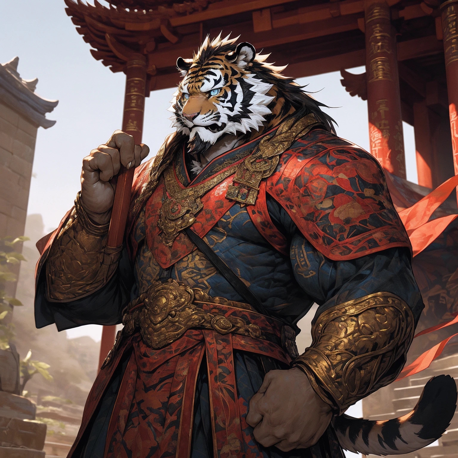 (black tiger),(Gold General jersey),Holding a spear,Powerful gesture,Stand confidently and proudly,(The Great Wall and the desert Gobi as the background:1.2.Great Wall),abdominal muscles,Heroic Stance,A perfect masterpiece,Various facial details,Long-term perspective,specific description,masterpiece,CG,(Light blue eyes),Light black pattern,Black tail,General,Heroic Stance,Golden fur,Specific facial details,Half Body,(Flame General Boots),(Chang Ling),((middle aged)),(Face Focus),(16K),HD,Red and white belly,temple,beard,(Face line),Different students,(blouse detailed with gold),,Strong,muscle,(high resolution:1.3),Chinese style general holding a long sword，Looking into the distance