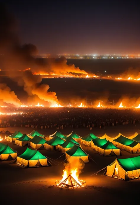 Green tent among burning tents, desert, night, ancient times, Karbala
