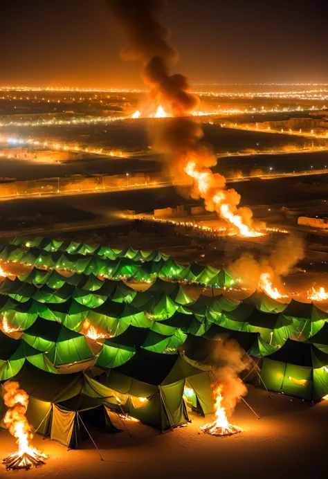 Green tent among burning tents, desert, night, ancient times, Karbala