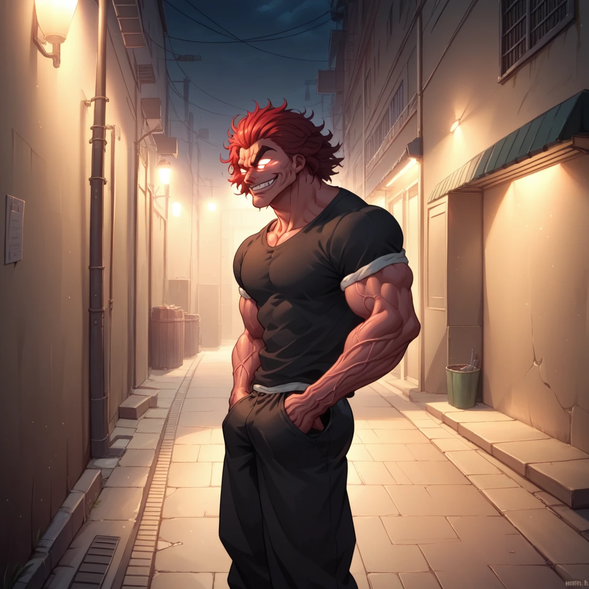 score_9, score_8_up, score_7_up, YujiroHanma, 1boy, male focus, solo, black shirt, black pants, muscular male, red hair, manly, veins, pupiless, dynamic lighting, extremely detailed, portrait, psychotic expression, very veiny ,glare, evil smile, glowing white eyes, hands in pockets, alley setting, night, dark lighting