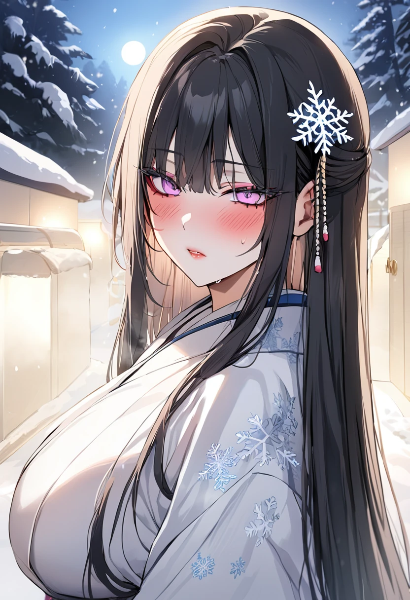 (masterpiece, best quality, extremely detailed:1.3) BREAK dynamic pose, upper body, close-up, 1girl, Yuki-onna, very long hair, black hair, straight hair, sidelocks, hair ornament, light purple eyes, colored eyelashes, pure white skin, blush, large breasts, makeup, white kimono, (snowflake print), light blue obi, furisode, wide sleeves, jewelry, snowy mountain, forest, snowing, full moon , inside, in a laundryroom, (shoujo-style:1.2)