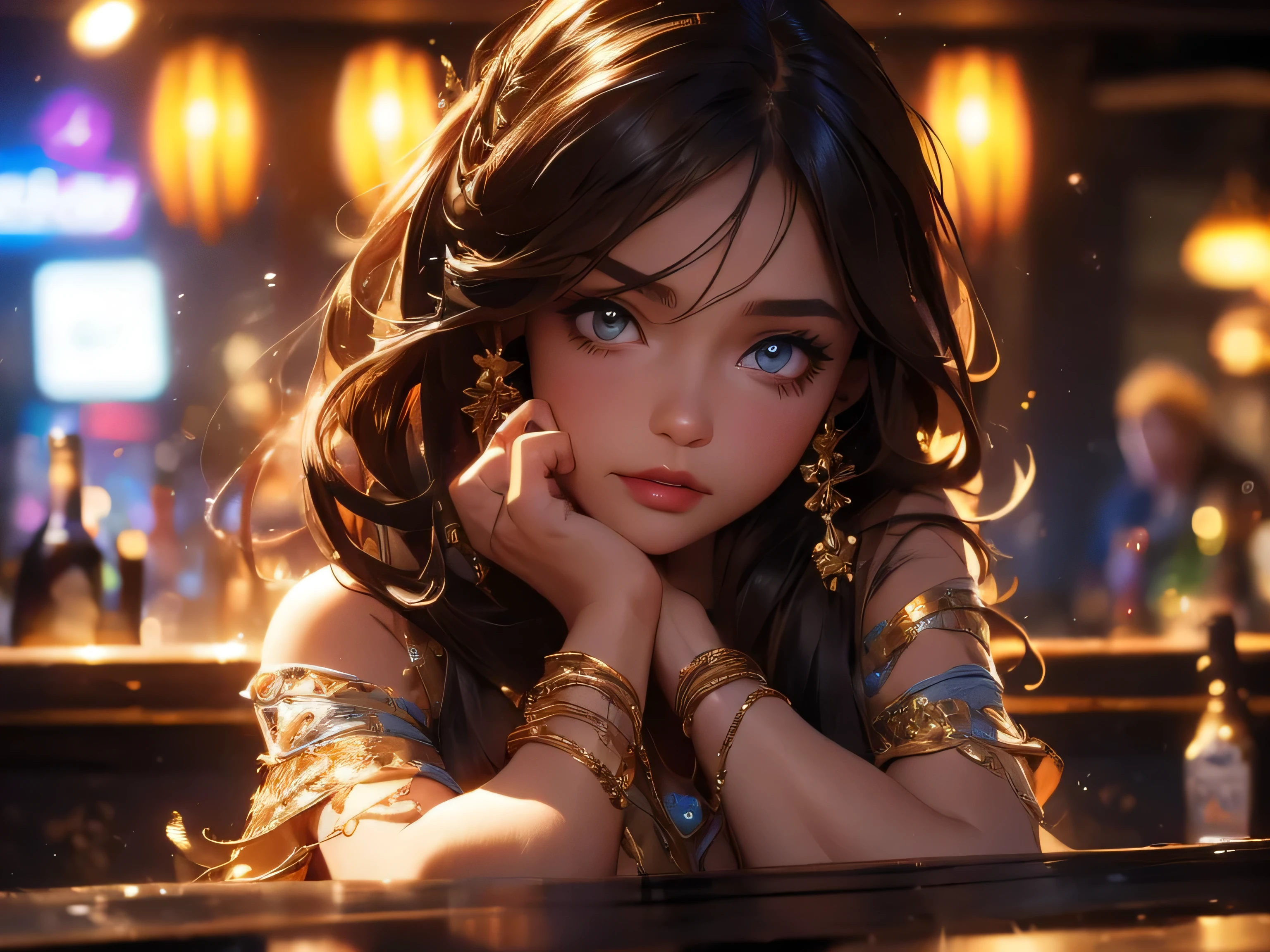 a young girl in a nightclub, leaning on the bar counter with her hands, looking around in a daze, serving customers, realistic, photorealistic, 8k, ultra-detailed, masterpiece, natural lighting, warm color tones, emotional portrait, cinematic composition, depth of field, beautiful detailed eyes, beautiful detailed lips, extremely detailed face and expression, festive atmosphere