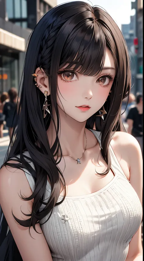 masterpiece, best quality, PIXIV, cool girl, lots of piercings, earrings, dark brown hair, curly hair, blunt bangs, straight ban...