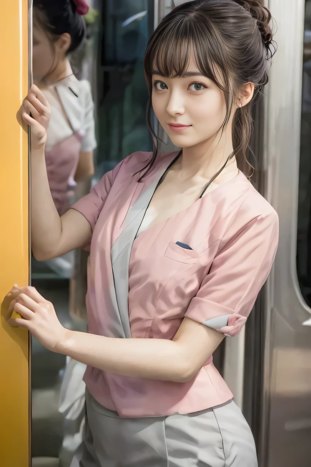 (masterpiece:1.2, Highest quality:1.2), 32k HDR, High resolution, (alone、1 girl)、 (Height: 160cm)、（On the rooftop of a building in the daytime、Professional Lighting）、Building rooftop background、（Nankai train crew uniform pinkを着たリアルスタイル）、（Nankai train crew uniform pink short sleeve collarless pink jacket、Nankai Train Crew Uniform Pink Collarless Short Sleeve Blouse、Nankai Train Crew Uniform Pink Grey Knee-length Culottes）、（The pink jacket is showing from the culottes.）、Dark brown hair、（Hair tied up、Hair tied up、Evening curly hairstyle）、Dark brown hair、Long Shot、Big Breasts、Thin legs、（（Great hands：2.0）），（（Harmonious body proportions：1.5）），（（Normal limbs：2.0）），（（Normal finger：2.0）），（（Delicate eyes：2.0）），（（Normal eyes：2.0））)、smile、（Nankai Train Crew Uniform Pink Grey Knee-length Culottesを見せた美しい歩く姿）、Place your hands around your stomach、Lanyard employee ID card