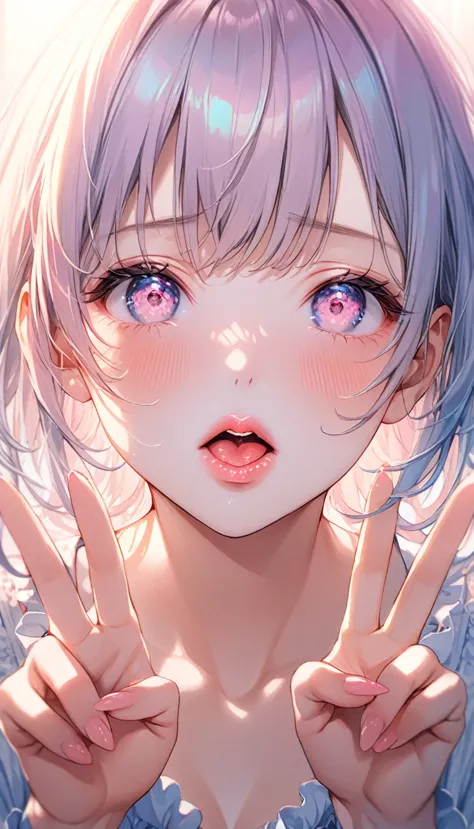cute anime girl, 1girl, ahegao, double peace sign, detailed eyes, detailed lips, detailed face, beautiful, kawaii, pastel colors...