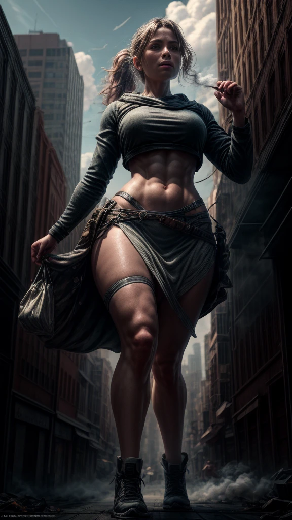 [documentary photo of "A towering Giantess in a cool and laid-colorful hippie style is rocking a crop top and baggy skirt. (barely visible white panties). Her toned and athletic build hints at her massive strength. She seems to be casually strolling through the bustling cityscape of GTS City, as towering buildings loom overhead. Smoke and clouds roil around her, adding to the sense of epic scale and drama. The lighting is dark, gloomy, and realistic, creating a tense and ominous atmosphere. The perspective is from below, emphasizing the sheer majesty and power of the Giantess.".], 
[8K, Best Quality, Masterpiece, Ultra High Resolution, (highly detailed CG unity 8k wallpaper), (best illustration), (best shadows), isometric 3D, octane rendering, ray tracing, highly detailed, (wide panoramic view: 1.1), (Best quality, 4K, 8 k, A high resolution, masterpiece:1.2), absurdity, masterpiece, ultra detailed, (realistic, photorealistic, photorealistic:1.37), complex parts, HDR, (complex parts:1.12), (hyper detailed, hyper realistic, Soft lighting, spicy:1.2), beautiful figure, Magnificent Anatomy, (complex part, Hyper detailed:1.15). Blurred foreground., (backlit), realistic, masterpiece, high quality, brightness, chromatic aberration, by Jeremy Lipking, by Antonio J. Manzanedo, 8k uhd, smoke, shadows, contrast, clear sky, looking_at_viewer, (warm hue, warm tone), high details, natural skin pores]. 